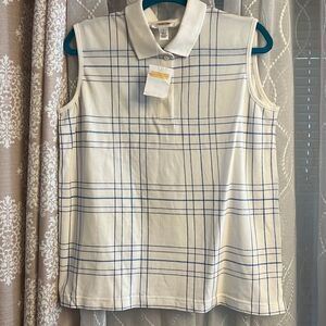 NWT Talbots Sleeveless Knit Polo Shirt | 100% Cotton | Size L | Blue & White